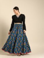 Varanga Blue & Red Printed Tiered Skirt With Pom Pom Detailing - Image 4