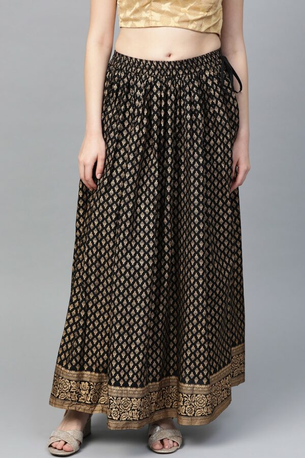 Varanga Women Black & Golden Printed Maxi Flared Skirt