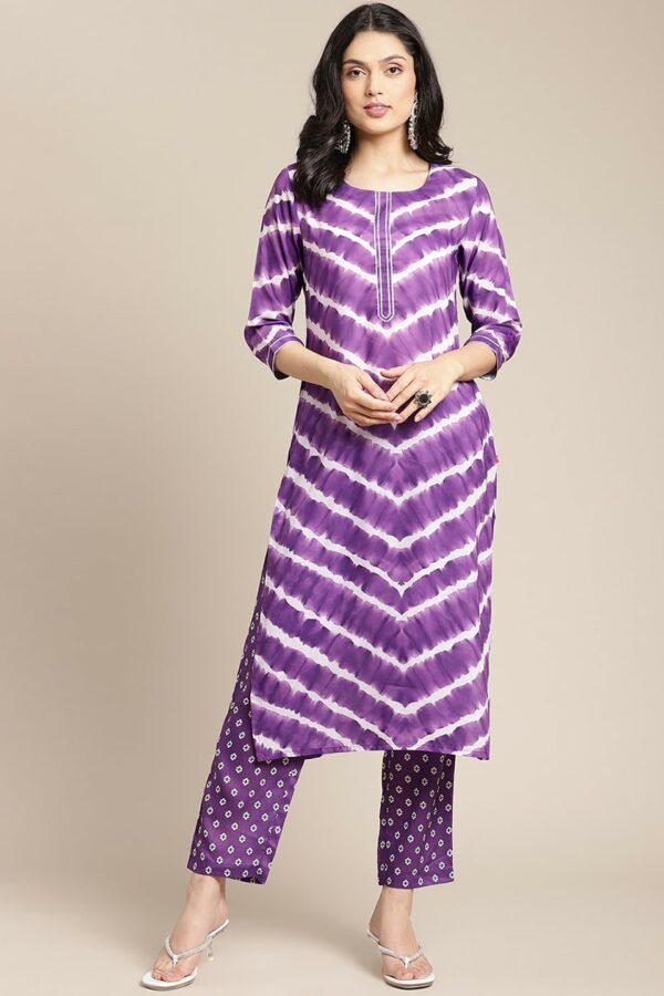 Varanga Women Violet Printed Panelled Kurta with Trousers