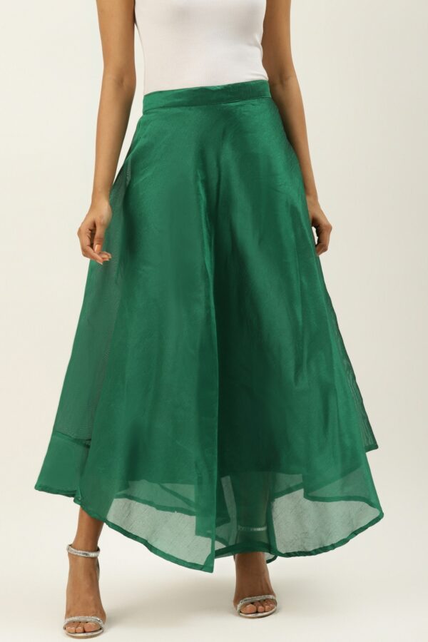 Vastraa Fusion Women Green Chanderi Solid Asymmetric Flared Maxi Skirt