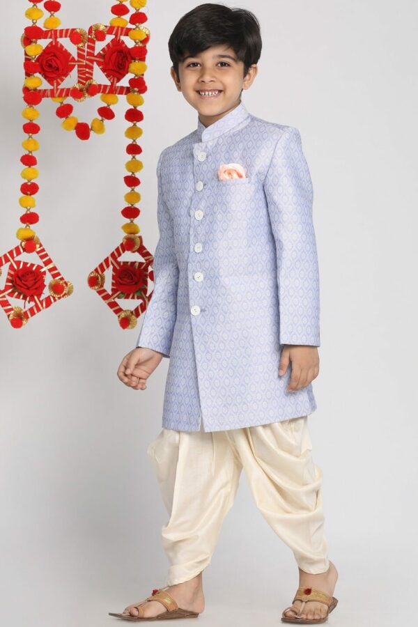 Vastramay Boys' Lavender And Cream Indowestern Sherwani and Cowl Dhoti Pant Set