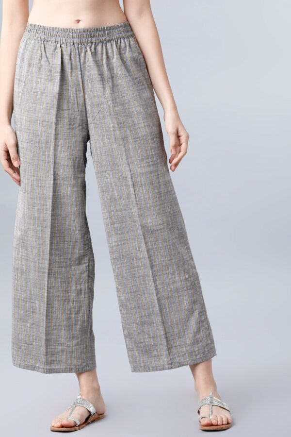 Vishudh Women Grey & Yellow Coloured Straight Striped Palazzos