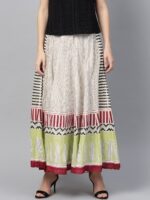 W Off-White & Green Striped Midi A-Line Pure Cotton Skirt