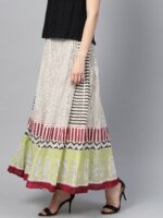 W Off-White & Green Striped Midi A-Line Pure Cotton Skirt - Image 2