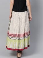 W Off-White & Green Striped Midi A-Line Pure Cotton Skirt - Image 3
