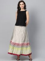 W Off-White & Green Striped Midi A-Line Pure Cotton Skirt - Image 4