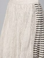 W Off-White & Green Striped Midi A-Line Pure Cotton Skirt - Image 5