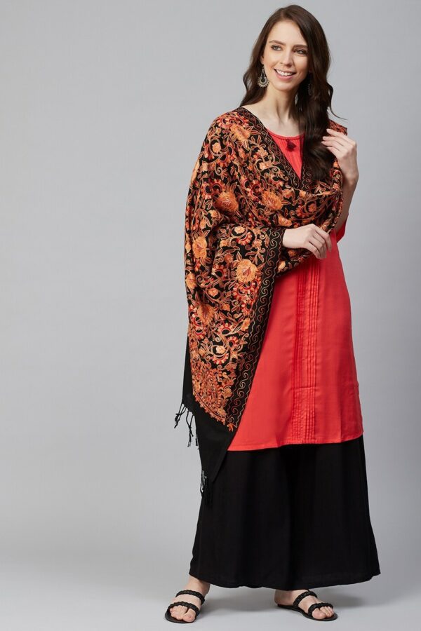 WEAVERS VILLA Women Black & Orange Embroidered Shawl