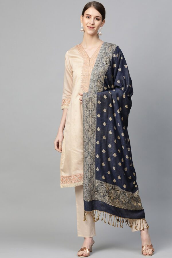 WEAVERS VILLA Women Navy Blue & Beige Woven Design Tasselled Stole