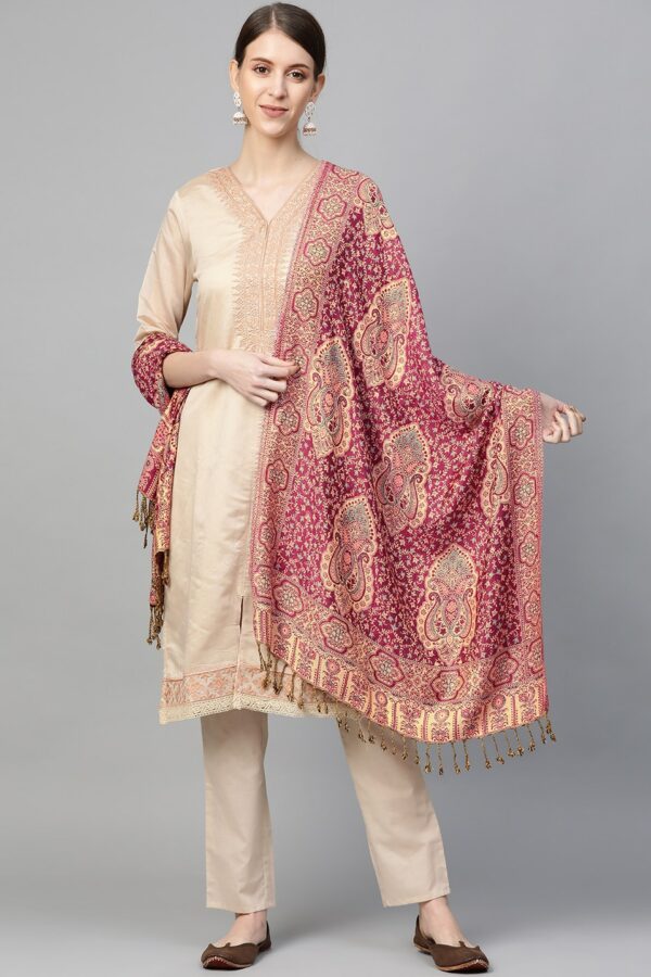 WEAVERS VILLA Women Pink & Beige Woven Design Tasselled Stole