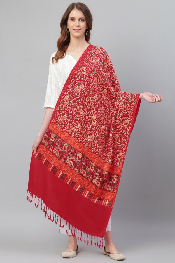 WEAVERS VILLA Women Red & Beige Paisley Embroidered Shawl