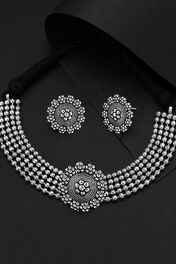 Yellow Chimes Oxidised Silver-Plated Choker Necklace With Earrings Set