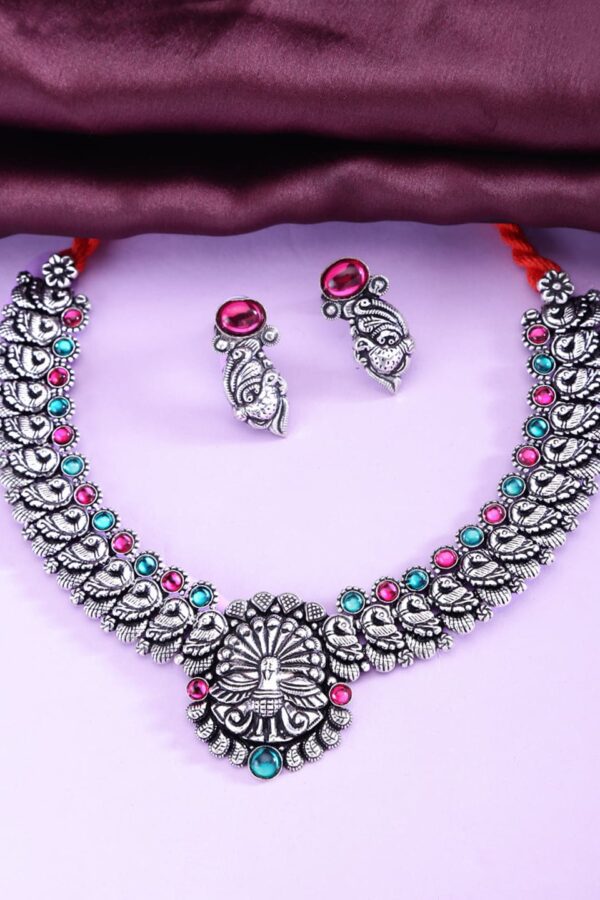Yellow Chimes Silver-Plated & Stone Studdded Oxidised Jewellery Set