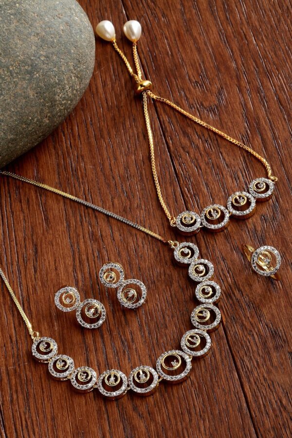 ZENEME Gold-plated & White AD-Studded Triangle Shaped Jewellery Set