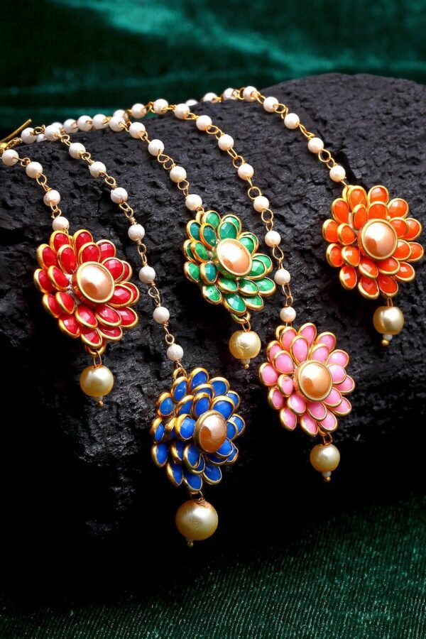 ZENEME Set Of 5 Multi Colour Gold-Plated & Stone Studded Mangtikka