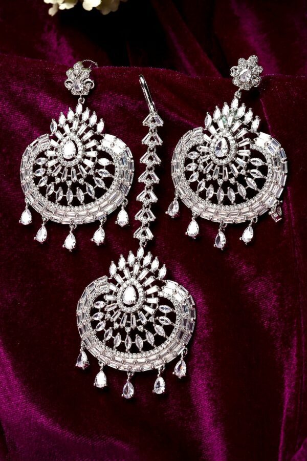 ZENEME Silver-Toned Silver-Plated White AD-Studded Maang Tikka And Earrings Set