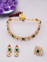 Zaveri Pearls Gold-Plated Green & Pink Kundan-Studded Temple Jewellery Set