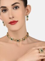 Zaveri Pearls Gold-Plated Green & Pink Kundan-Studded Temple Jewellery Set - Image 2
