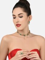 Zaveri Pearls Gold-Plated Green & Pink Kundan-Studded Temple Jewellery Set - Image 5