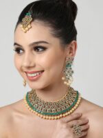 Zaveri Pearls Gold-Plated Green & White Kundan-Studded & Beaded Jewellery Set