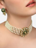 Zaveri Pearls Gold-Plated & White Kundan & Pearls Studded Multistrand Choker Jewellery Set