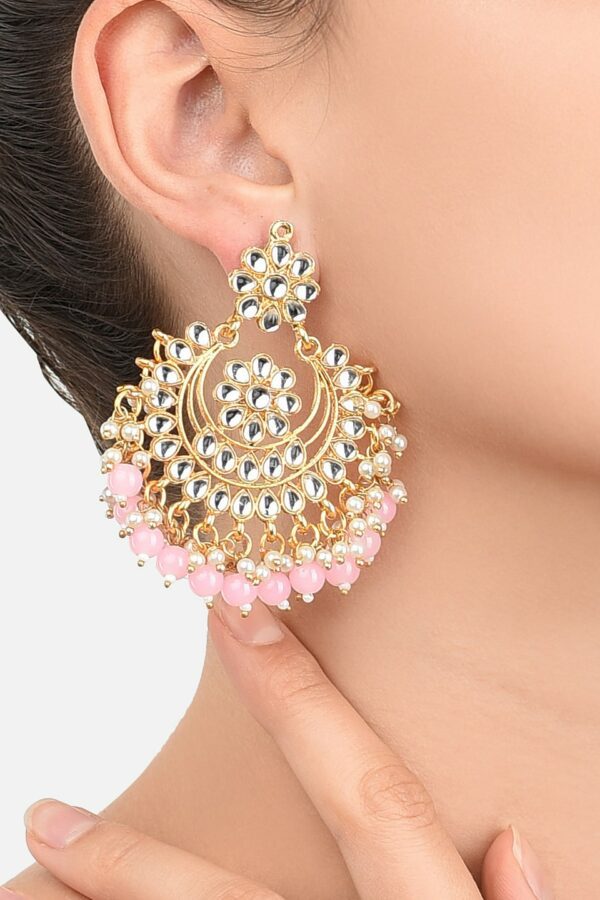 Zaveri Pearls Gold-Toned & Pink Kundan Studded Crescent-Shaped Chandbalis