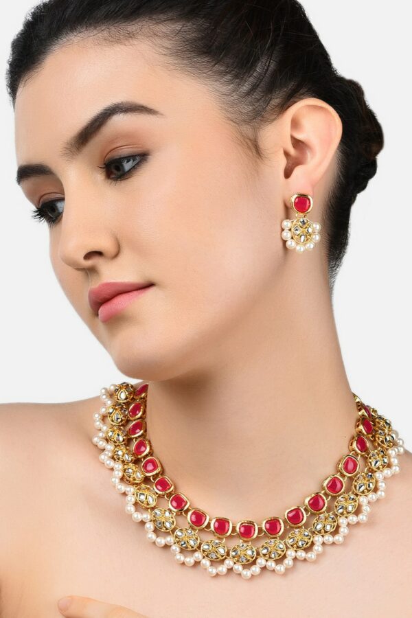 Zaveri Pearls Gold Toned & Red Ethnic Kundan & Pearls Jewellery Set