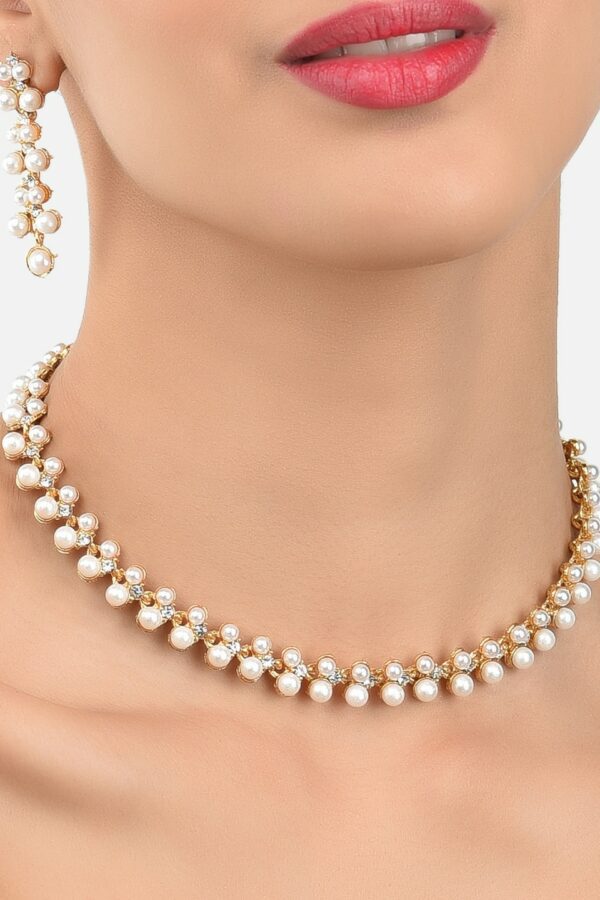 Zaveri Pearls Gold-Toned & White Contemporary Pearls Studded Jewellery Set
