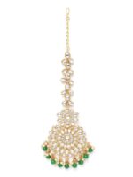 Zaveri Pearls Green & Off-White Gold-Plated Kundan-Studded & Beaded Maang Tika - Image 2