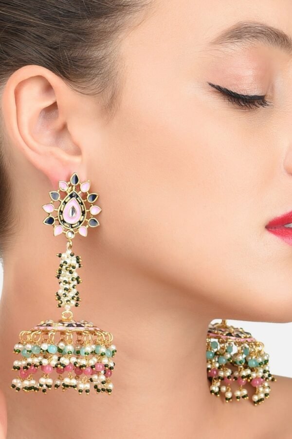 Zaveri Pearls Multicoloured Clustered Beads & Meenakari Contemporary Jhumkas Earrings