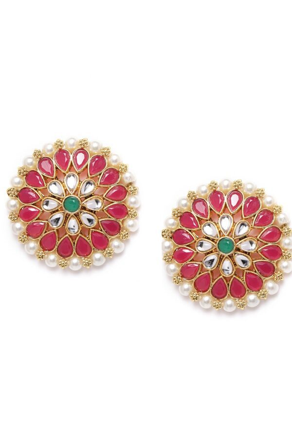 Zaveri Pearls Pink & Off-White Gold-Plated Stone-Studded & Beaded Circular Oversized Studs