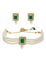 Zaveri Pearls White & Green Gold-Plated Studded Pearls Jewellery Set - Image 7