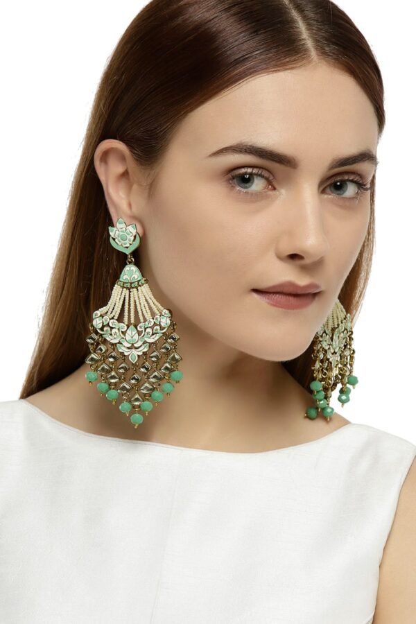 Zaveri Pearls Women Gold-Toned & Sea Green Contemporary Drop Earrings