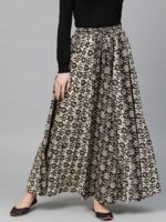 anayna Black & Beige Printed Flared Pure Cotton Maxi Skirt