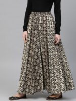anayna Black & Beige Printed Flared Pure Cotton Maxi Skirt - Image 2