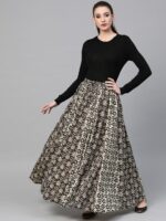 anayna Black & Beige Printed Flared Pure Cotton Maxi Skirt - Image 4