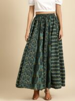 anayna Green & Beige Printed Pure Cotton Maxi Flared Skirt