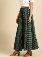 anayna Green & Beige Printed Pure Cotton Maxi Flared Skirt - Image 2