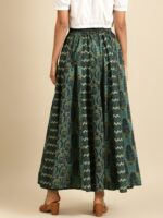 anayna Green & Beige Printed Pure Cotton Maxi Flared Skirt - Image 3
