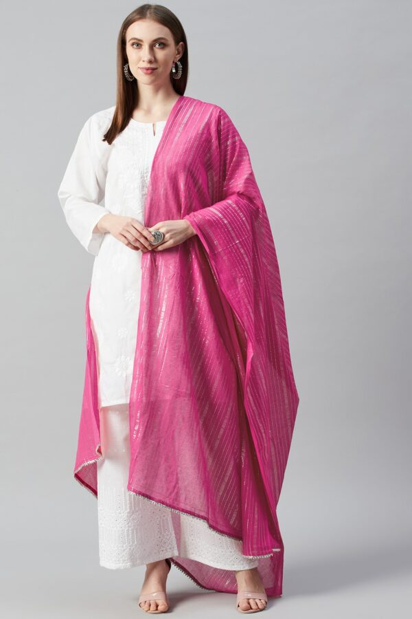 anayna Pink & Silver Self-Striped Cotton Dupatta