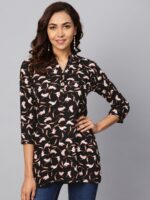 anayna Women Black & Off-White Bird Print Shirt Style Top