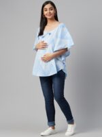 anayna Women Blue & White Polka Dots Print Kaftan Maternity Top - Image 5