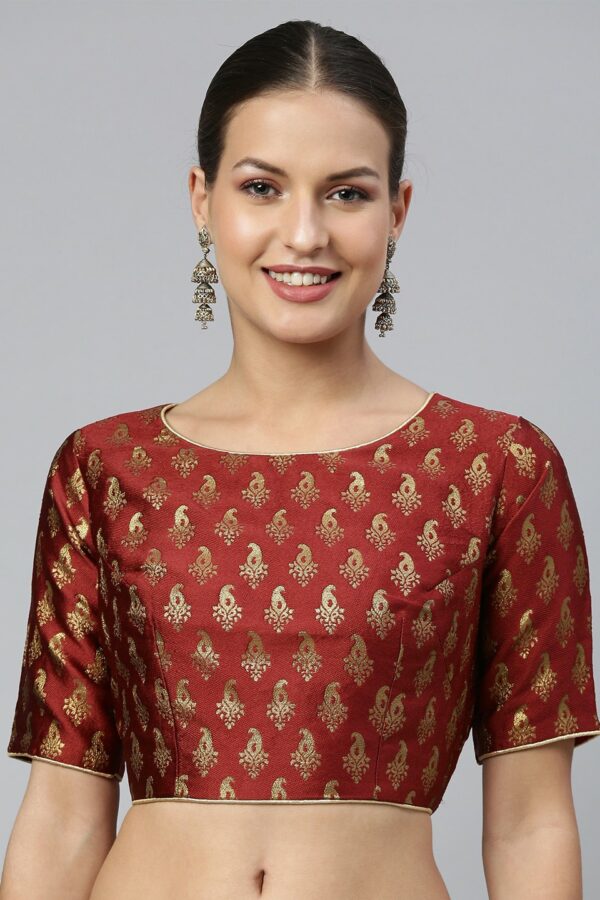flaher Women Maroon & Gold Ethnic Motifs Jacquard Woven Design Saree Blouse with Tie-Ups
