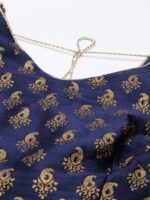 flaher Women Navy Blue & Gold Ethnic Motifs Woven Jacquard Design Blouse with Tie-Ups - Image 2