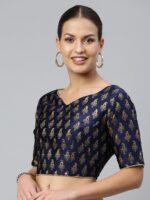 flaher Women Navy Blue & Gold Ethnic Motifs Woven Jacquard Design Blouse with Tie-Ups - Image 3