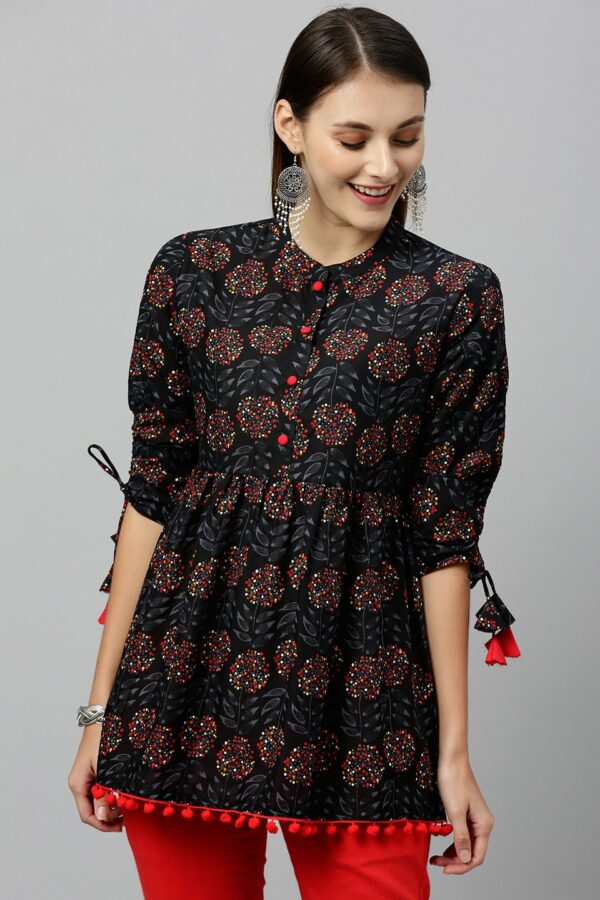 kipek Women Black & Red Floral Printed Pleated A-Line Pure Cotton Top