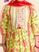 pspeaches Girls Yellow Floral Printed Pleated Pure Cotton Kurta with Sharara & With Dupatta - Image 2