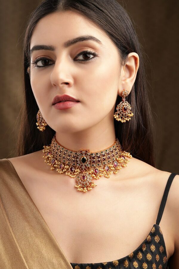 rubans LUXURY 24K Gold Plated Handcrafted Ruby Stone & Gold Pearls Studded Choker Set