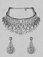 rubans LUXURY Oxidised Silver-Plated White AD-Studded Handcrafted Jewellery Set
