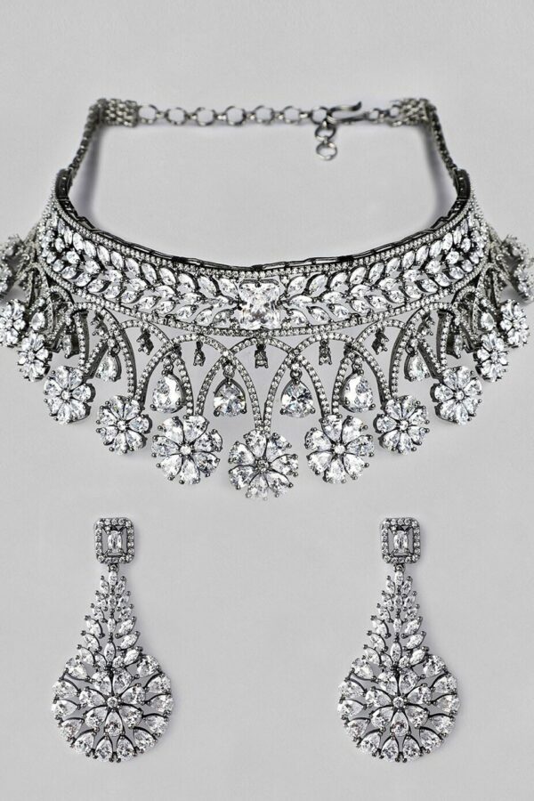 rubans LUXURY Oxidised Silver-Plated White AD-Studded Handcrafted Jewellery Set